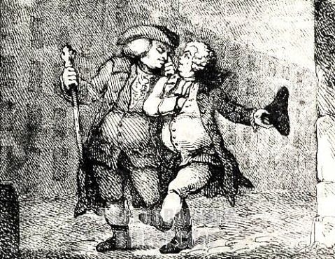 Dr Samuel Johnson and James Boswell walking up the High Street, Edinburgh, from a print by Thomas Rowlandson, 1786. "Mr Johnson and I walked Arm in Arm up the High Street to my House in James Court; it was a dusky night; I could not prevent his being assailed by the Evening effluvia of Edinburgh." As we marched along he grumbled in my ear "I smell you in the dark."